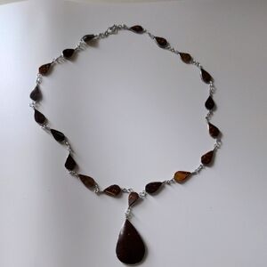 Shell Teardrop Necklace Silver Tone Wire Detail 20" Beach Boho Natural